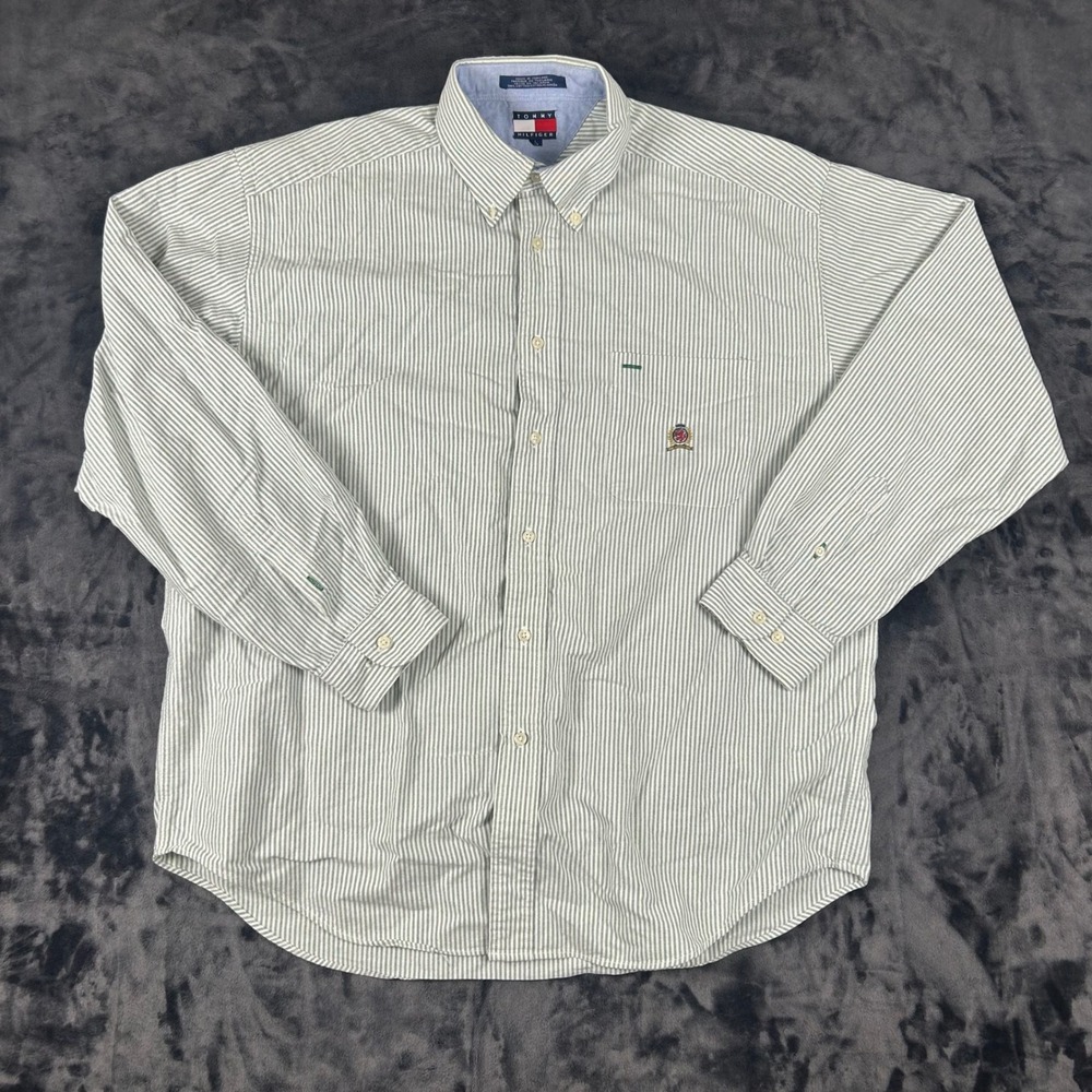 Tommy Hilfiger Button Down Shirt Mens L Green White Striped Long Sleeve Crest